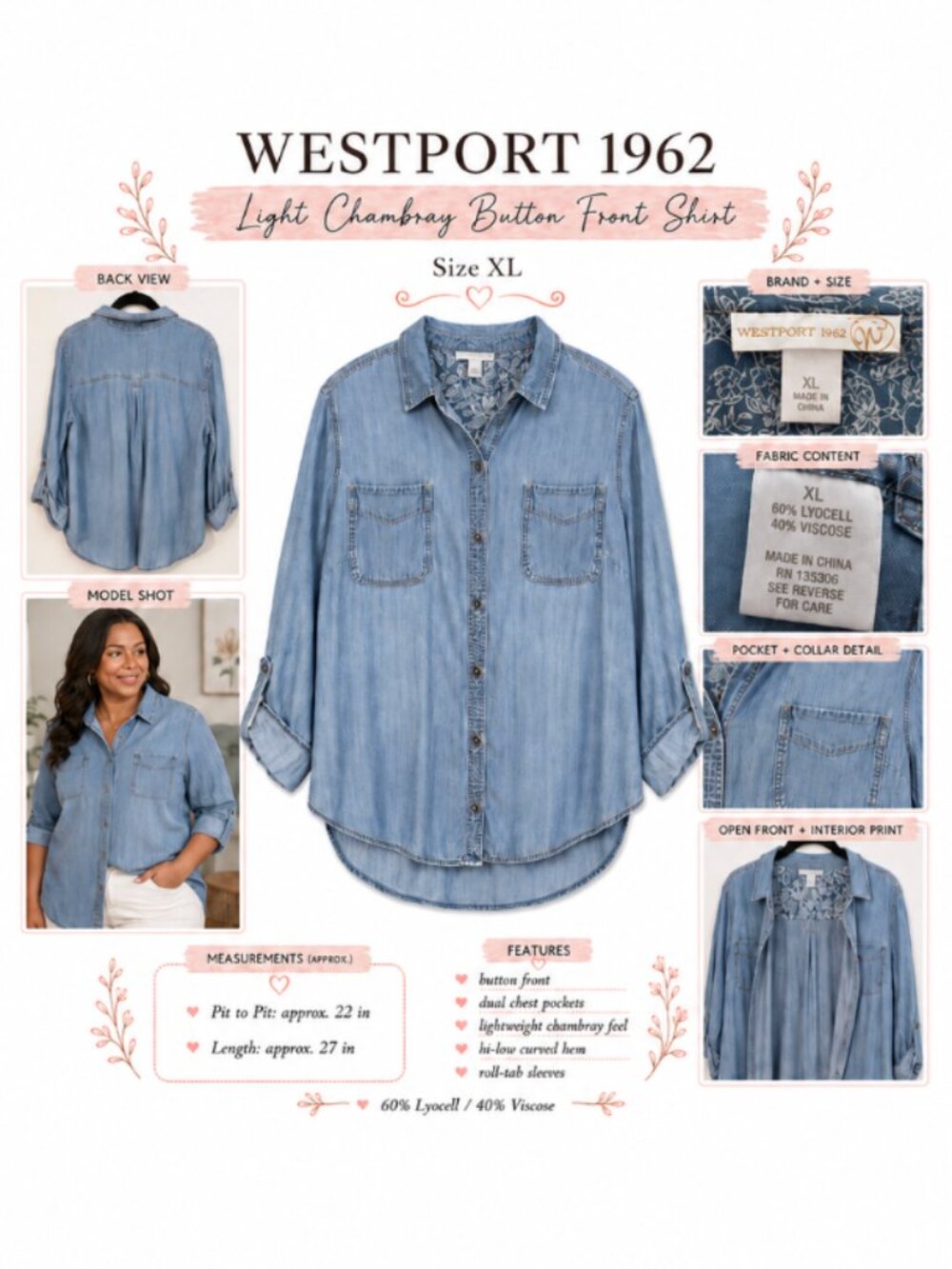 Westport 1962 Soft Denim Chambray Button Down Shirt Floral Yoke - XL